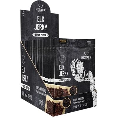 Renjer Elk Jerky with Black Pepper – Confezione da 15 (15 x 25 g) – Autentica esperienza di gusto nordico, carne di selvaggina, qualità gourmet, spuntino perfetto per i viaggi Renjer Elk Jerky with Black Pepper – Confezione da 15 (15 x 25 g) – Autentica esperienza di gusto nordico, carne di selvaggina, qualità gourmet, spuntino perfetto per i viaggi
