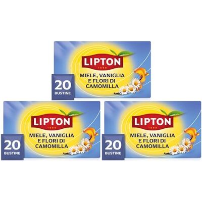 Lipton Miele, Vaniglia e fiori di Camomilla, infuso naturalmente senza caffeina, Infusi alla frutta ed erbe, Confezionati singolarmente, 60 filtri (3 confezioni da 20 filtri) Lipton Miele, Vaniglia e fiori di Camomilla, infuso naturalmente senza caffeina, Infusi alla frutta ed erbe, Confezionati singolarmente, 60 filtri (3 confezioni da 20 filtri)