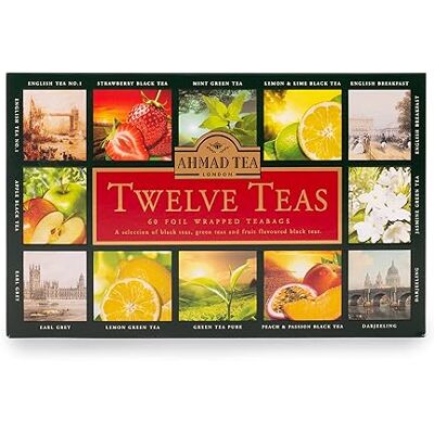 Ahmad Tea Twelve Selection Pregiato Cofanetto con Selezioni Esclusive di Tè Nero e Verde Puri O Aromatizzati Alla Frutta In 12 Gusti Diversi 12 Confezioni da 5 Bustine, Tè Misto, 60 Unità Ahmad Tea Twelve Selection Pregiato Cofanetto con Selezioni Esclusive di Tè Nero e Verde Puri O Aromatizzati Alla Frutta In 12 Gusti Diversi 12 Confezioni da 5 Bustine, Tè Misto, 60 Unità
