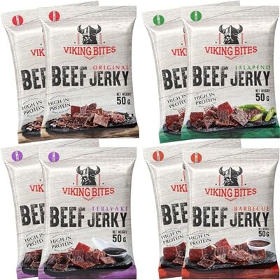 Viking Beef Jerky Mixed box 400 g (8 x 50 g) – 2x Original, 2x Jalapeno, 2x Barbecue, 2x Teriyaki – Manzo essiccato – Snack a base di carne con alto contenuto proteico Viking Beef Jerky Mixed box 400 g (8 x 50 g) – 2x Original, 2x Jalapeno, 2x Barbecue, 2x Teriyaki – Manzo essiccato – Snack a base di carne con alto contenuto proteico