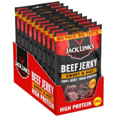Jack Link's Meat Snacks Jack Link's Beef Jerky Sweet & Hot Confezione da 10 (10 x 100 g) Snack di carne essiccata ricco di proteine High Protein per palestra, fitness e outdoor Jack Link's Meat Snacks Jack Link's Beef Jerky Sweet & Hot Confezione da 10 (10 x 100 g) Snack di carne essiccata ricco di proteine High Protein per palestra, fitness e outdoor