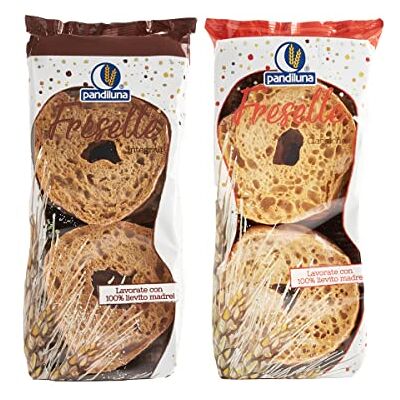 Pandiluna Freselle Classiche e Integrali ciambelle di pane croccante, con 100% lievito madre confezioni salva freschezza, pack da 8 confezioni da 300 g Pandiluna Freselle Classiche e Integrali ciambelle di pane croccante, con 100% lievito madre confezioni salva freschezza, pack da 8 confezioni da 300 g