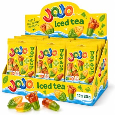 Nestlé JOJO Ice Tea, caramelle gommose ai gusti di tè bianco alla pesca e al limone, 12 × 80 g Nestlé JOJO Ice Tea, caramelle gommose ai gusti di tè bianco alla pesca e al limone, 12 × 80 g