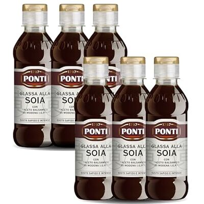 Ponti , Glassa alla Soia con Aceto Balsamico di Modena I.G.P., Ideale per Tutte le ricette, Gusto Sapido ed Intenso, 100% Made in Italy, Set 6 bottiglie da 240 gr Ponti , Glassa alla Soia con Aceto Balsamico di Modena I.G.P., Ideale per Tutte le ricette, Gusto Sapido ed Intenso, 100% Made in Italy, Set 6 bottiglie da 240 gr