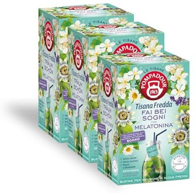 Pompadour , Tisana Fredda FaiBeiSogni, 54 Filtri (3 Confezioni da 18 Filtri), con Camomilla, Lavanda e Melissa, Rilassante e Distensiva, Senza Lattosio, Glutine e Allergeni Pompadour , Tisana Fredda FaiBeiSogni, 54 Filtri (3 Confezioni da 18 Filtri), con Camomilla, Lavanda e Melissa, Rilassante e Distensiva, Senza Lattosio, Glutine e Allergeni