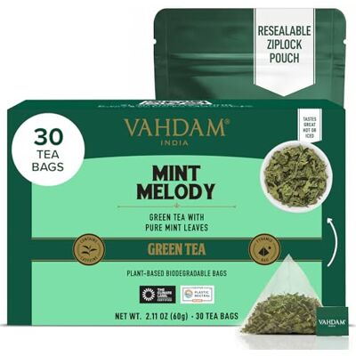 VAHDAM , Melodia alla Menta Te Verde (30 Bustine) Basso Tenore di Caffeina Tè Verde di Alta Quota In Bustine Piramidali per una Infusione Perfetta Direttamente dall'India VAHDAM , Melodia alla Menta Te Verde (30 Bustine) Basso Tenore di Caffeina Tè Verde di Alta Quota In Bustine Piramidali per una Infusione Perfetta Direttamente dall'India