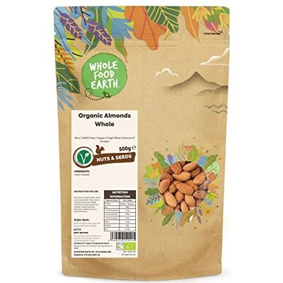 Wholefood Earth Mandorle intere biologiche, 500 g, crude, senza OGM, vegane, ad alto contenuto di fibre, fonte di proteine, certificate biologiche Wholefood Earth Mandorle intere biologiche, 500 g, crude, senza OGM, vegane, ad alto contenuto di fibre, fonte di proteine, certificate biologiche