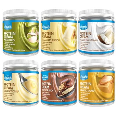ULTIMATE ITALIA 6 protein cream gusti misti (1 pistacchio + 1 cioccolato bianco + 1 cioccolato bianco e cocco + 1 crema pasticcera + 1 ciocco crunch + 1 caramello salato) Senza Glutine 6x250 g ULTIMATE ITALIA 6 protein cream gusti misti (1 pistacchio + 1 cioccolato bianco + 1 cioccolato bianco e cocco + 1 crema pasticcera + 1 ciocco crunch + 1 caramello salato) Senza Glutine 6x250 g