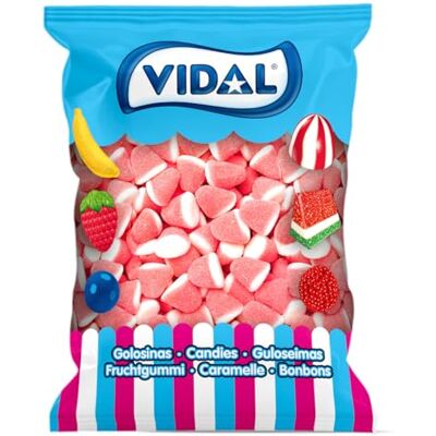 Vidal Delizie. Baci Zucchero Fragola-Panna. Caramelle di gomma sotto forma di baciini con delizioso sapore di fragola e panna, ricoperte di zucchero. Colori rosa e bianco. Senza glutine e grassi Vidal Delizie. Baci Zucchero Fragola-Panna. Caramelle di gomma sotto forma di baciini con delizioso sapore di fragola e panna, ricoperte di zucchero. Colori rosa e bianco. Senza glutine e grassi