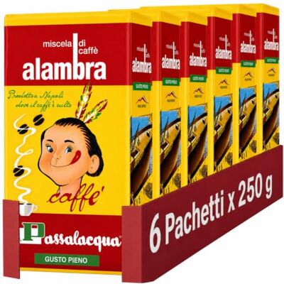 Passalacqua Alambra Caffè Premium Macinato – 6 Pacchetti 250g (1,5kg) Tostatura Autentica Napoletana 30% Arabica Espresso Forte e Corposo con Note di Cioccolato e Miele Made in Italy Passalacqua Alambra Caffè Premium Macinato – 6 Pacchetti 250g (1,5kg) Tostatura Autentica Napoletana 30% Arabica Espresso Forte e Corposo con Note di Cioccolato e Miele Made in Italy