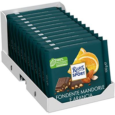 Ritter Sport Fondente Mandorla Arancia, Tavoletta Cioccolato Fondente Con Granella di Mandorle e Cubetti di Scorze D'Arancia Candita, Cacao 100% Certificato Sostenibile, 12 Pezzi da 100 g Ritter Sport Fondente Mandorla Arancia, Tavoletta Cioccolato Fondente Con Granella di Mandorle e Cubetti di Scorze D'Arancia Candita, Cacao 100% Certificato Sostenibile, 12 Pezzi da 100 g