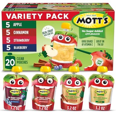 Mott's Salsa di mele senza zuccheri aggiunti, 90 ml, sacchetti trasparenti, confezione da 20 Mott's Salsa di mele senza zuccheri aggiunti, 90 ml, sacchetti trasparenti, confezione da 20