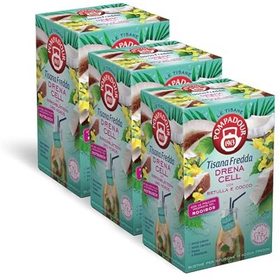 Pompadour , Tisana Fredda Drena Cell, 54 Filtri (3 Confezioni da 18 Filtri), con Betulla e Cocco, Elimina i Liquidi in Eccesso, Senza Lattosio, Glutine e Allergeni Pompadour , Tisana Fredda Drena Cell, 54 Filtri (3 Confezioni da 18 Filtri), con Betulla e Cocco, Elimina i Liquidi in Eccesso, Senza Lattosio, Glutine e Allergeni