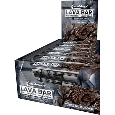 IronMaxx Lava Protein Bar Dark Cookie 18x40g Barretta High Protein con cuore cremoso & topping arachidi-caramello A basso contenuto di zuccheri & senza olio di palma IronMaxx Lava Protein Bar Dark Cookie 18x40g Barretta High Protein con cuore cremoso & topping arachidi-caramello A basso contenuto di zuccheri & senza olio di palma