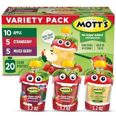 Mott's Salsa di mele senza zuccheri aggiunti, 90 ml, sacchetti trasparenti, confezione da 20 pezzi di frutta vera, buona fonte di vitamina C da viaggio Mott's Salsa di mele senza zuccheri aggiunti, 90 ml, sacchetti trasparenti, confezione da 20 pezzi di frutta vera, buona fonte di vitamina C da viaggio