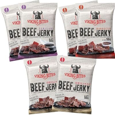 Viking Beef Jerky Mixed box 300 g (6 x 50 g) – 2x Original, 2x Barbecue, 2x Teriyaki – Manzo essiccato – Snack a base di carne con alto contenuto proteico Viking Beef Jerky Mixed box 300 g (6 x 50 g) – 2x Original, 2x Barbecue, 2x Teriyaki – Manzo essiccato – Snack a base di carne con alto contenuto proteico