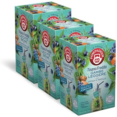 Pompadour , Tisana Fredda Gambe Leggere, 54 Filtri (3 Confezioni da 18 Filtri), con Ortica e Mirtillo, Favorisce la Circolazione, Senza Lattosio, Glutine e Allergerni Pompadour , Tisana Fredda Gambe Leggere, 54 Filtri (3 Confezioni da 18 Filtri), con Ortica e Mirtillo, Favorisce la Circolazione, Senza Lattosio, Glutine e Allergerni