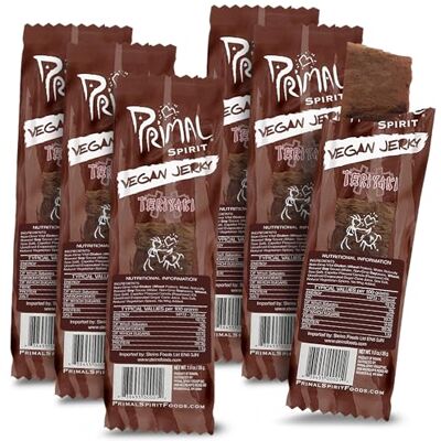 Primal Spirit Foods Primal Spirit, Vegan Meatless Jerky Strips High Energy, High Protein, Non-GMO, 93% Fat-Free Snacks, Vegan Jerky 28g, Pack of 6 Teriyaki Flavour Primal Spirit Foods Primal Spirit, Vegan Meatless Jerky Strips High Energy, High Protein, Non-GMO, 93% Fat-Free Snacks, Vegan Jerky 28g, Pack of 6 Teriyaki Flavour