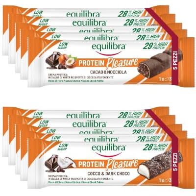 Equilibra Alimenti Proteici, Protein Pleasure, Barrette Proteiche Cocco & Dark Choco, Cacao & Nocciola, Low Sugar, High Protein, Senza Glutine, Senza Olio di Palma, 10 Barrette da 30 g Equilibra Alimenti Proteici, Protein Pleasure, Barrette Proteiche Cocco & Dark Choco, Cacao & Nocciola, Low Sugar, High Protein, Senza Glutine, Senza Olio di Palma, 10 Barrette da 30 g
