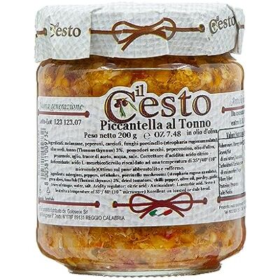Il Cesto Piccantella al Tonno in Olio di Oliva con Funghi, Melanzane, Peperoni, Olive, Pomodori Secchi, Peperoncino, Aglio Prodotti Tipici (Grammi 200) Specialità Italiane Il Cesto Piccantella al Tonno in Olio di Oliva con Funghi, Melanzane, Peperoni, Olive, Pomodori Secchi, Peperoncino, Aglio Prodotti Tipici (Grammi 200) Specialità Italiane