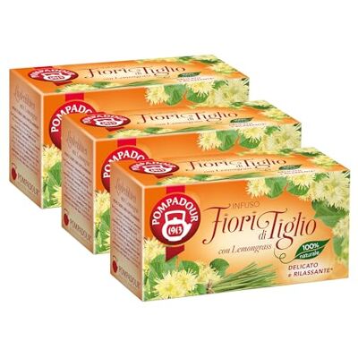 Pompadour , Infuso Fiori di Tiglio con Lemongrass, 60 Filtri (3 Confezioni da 20 Filtri), Lenitivo e Rilassante, Ideale per la Sera, 100% Naturale, Senza Lattosio, Glutine e Allergeni, Vegan Pompadour , Infuso Fiori di Tiglio con Lemongrass, 60 Filtri (3 Confezioni da 20 Filtri), Lenitivo e Rilassante, Ideale per la Sera, 100% Naturale, Senza Lattosio, Glutine e Allergeni, Vegan