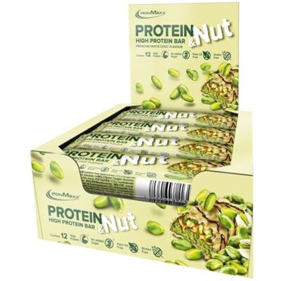 IronMaxx Protein & Nut Proteinbar Pistacchio Cioccolato Bianco 12 x 45g Barrette ad alto contenuto proteico con veri pistacchi Senza glutine, senza zuccheri aggiunti e senza olio di palma IronMaxx Protein & Nut Proteinbar Pistacchio Cioccolato Bianco 12 x 45g Barrette ad alto contenuto proteico con veri pistacchi Senza glutine, senza zuccheri aggiunti e senza olio di palma