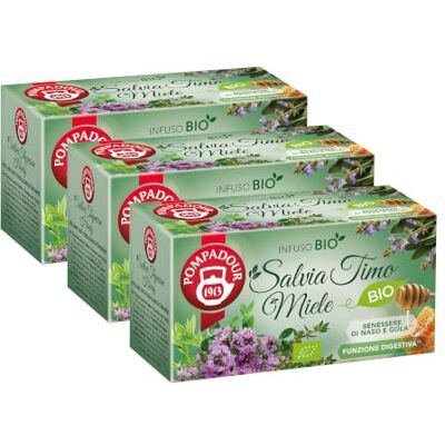 Pompadour Infuso BIO Salvia Timo Miele 54 Filtri (3 Pacchi da 18) Miscela bio miele, salvia, timo e liquirizia dal gusto balsamico. Ideale dopo i pasti e nei mesi freddi No teina, no glutine. Pompadour Infuso BIO Salvia Timo Miele 54 Filtri (3 Pacchi da 18) Miscela bio miele, salvia, timo e liquirizia dal gusto balsamico. Ideale dopo i pasti e nei mesi freddi No teina, no glutine.