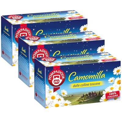 Pompadour , Camomilla dalle Colline Toscane, 54 Filtri (3 Confezioni da 18 Filtri), 100% Italiana, con Foglie di Mora, Ideale per la Sera, Senza Lattosio, Glutine e Allergeni, Vegan Pompadour , Camomilla dalle Colline Toscane, 54 Filtri (3 Confezioni da 18 Filtri), 100% Italiana, con Foglie di Mora, Ideale per la Sera, Senza Lattosio, Glutine e Allergeni, Vegan