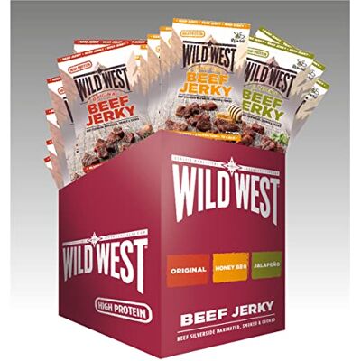 WILD WEST Beef Jerky mix box 60g, Confezione da 12, 4x Original, 4x Honey BBQ, 4x Jalapeno, carne secca proteica, snack proteico Beef Jerky, BBQ, carne essiccata di manzo WILD WEST Beef Jerky mix box 60g, Confezione da 12, 4x Original, 4x Honey BBQ, 4x Jalapeno, carne secca proteica, snack proteico Beef Jerky, BBQ, carne essiccata di manzo