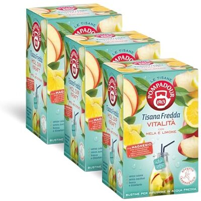 Pompadour , Tisana Fredda Vitalità, 54 Filtri (3 Confezioni da 18 Filtri), con Mela e Limone, Energizzante e Dissetante, Senza Lattosio, Glutine e Allergeni Pompadour , Tisana Fredda Vitalità, 54 Filtri (3 Confezioni da 18 Filtri), con Mela e Limone, Energizzante e Dissetante, Senza Lattosio, Glutine e Allergeni