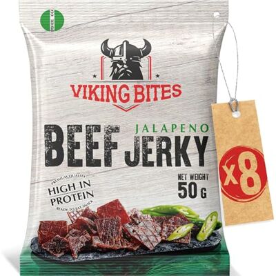 Viking Beef Jerky Jalapeno 400 g (8 x 50 g) – Manzo essiccato – Snack a base di carne con alto contenuto proteico Viking Beef Jerky Jalapeno 400 g (8 x 50 g) – Manzo essiccato – Snack a base di carne con alto contenuto proteico