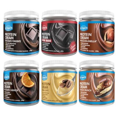 ULTIMATE ITALIA 6 protein cream gusti misti (1 cioccolato fondente + 1 fondente extra dark + 1 nocciolinella + 1 cioccolato arancia + 1 crema caffè + 1 ciocco crunch) Senza Glutine 6x250 g ULTIMATE ITALIA 6 protein cream gusti misti (1 cioccolato fondente + 1 fondente extra dark + 1 nocciolinella + 1 cioccolato arancia + 1 crema caffè + 1 ciocco crunch) Senza Glutine 6x250 g