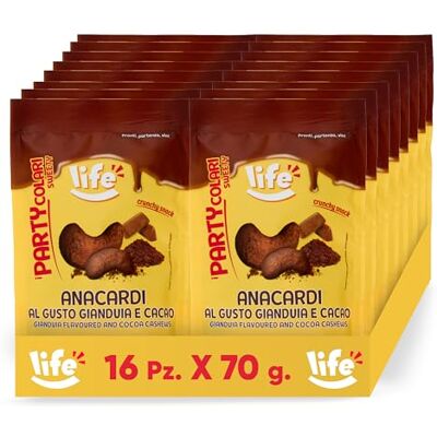 Life PARTYCOLARI DOLCI Anacardi Gusto Gianduia e Cacao, Snack Croccante, Perfetto Come Arricchitore di Dolci, Gelati e Dessert, Non Fritto, 16x70g Life PARTYCOLARI DOLCI Anacardi Gusto Gianduia e Cacao, Snack Croccante, Perfetto Come Arricchitore di Dolci, Gelati e Dessert, Non Fritto, 16x70g