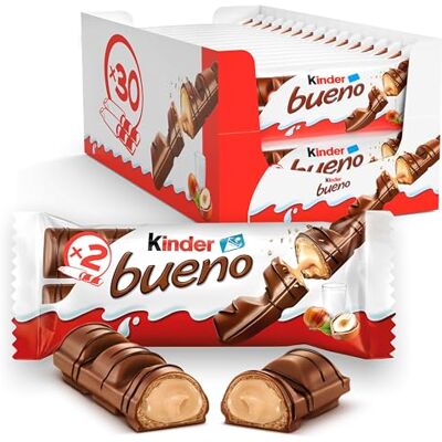 Kinder Bueno Snack al Cioccolato e Nocciola, un Wafer Ripieno di Crema alle Nocciole Ricoperto di Cioccolato , Pacco da 30 Confezioni Kinder Bueno Snack al Cioccolato e Nocciola, un Wafer Ripieno di Crema alle Nocciole Ricoperto di Cioccolato , Pacco da 30 Confezioni