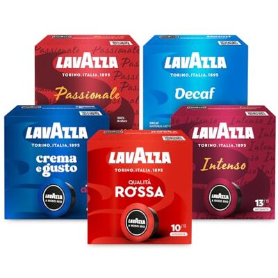 Lavazza , A Modo Mio, Mix di Capsule Qualità Rossa, Crema e Gusto, Dek Cremoso, Passionale e Intenso, 180 Capsule Caffè, 5 Confezioni da 36 Capsule Lavazza , A Modo Mio, Mix di Capsule Qualità Rossa, Crema e Gusto, Dek Cremoso, Passionale e Intenso, 180 Capsule Caffè, 5 Confezioni da 36 Capsule