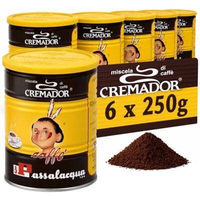 Passalacqua Cremador Caffè Premium Macinato – 6 Lattine 250g (1,5kg) Tostatura Autentica Napoletana 70% Arabica Ideale per Moka ed Espresso Cremoso Vellutato Note di Miele, Cioccolato, Nocciole Passalacqua Cremador Caffè Premium Macinato – 6 Lattine 250g (1,5kg) Tostatura Autentica Napoletana 70% Arabica Ideale per Moka ed Espresso Cremoso Vellutato Note di Miele, Cioccolato, Nocciole