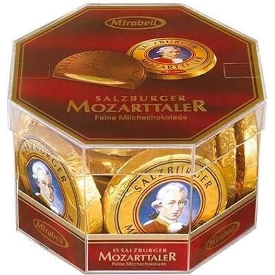 Mirabell Mozart Taler Echte Salzburger Scatola Trasparente 280g/14Pezzi Mirabell Mozart Taler Echte Salzburger Scatola Trasparente 280g/14Pezzi