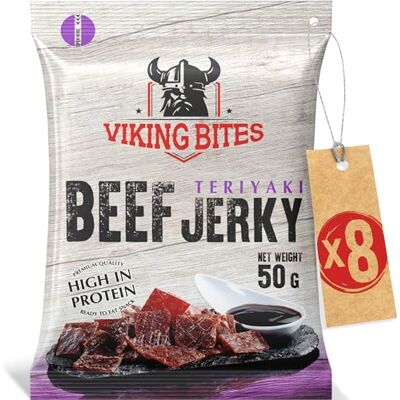 Viking Beef Jerky Teriyaki 400 g (8 x 50 g) – Manzo essiccato – Snack a base di carne con alto contenuto proteico Viking Beef Jerky Teriyaki 400 g (8 x 50 g) – Manzo essiccato – Snack a base di carne con alto contenuto proteico