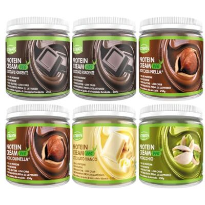 ULTIMATE ITALIA 6 protein cream VEG gusti misti (2 cioccolato fondente + 2 nocciolinella + 1 cioccolato bianco + 1 pistacchio) 100% vegetale senza glutine low carb 6x250g ULTIMATE ITALIA 6 protein cream VEG gusti misti (2 cioccolato fondente + 2 nocciolinella + 1 cioccolato bianco + 1 pistacchio) 100% vegetale senza glutine low carb 6x250g