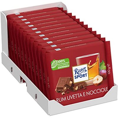 Ritter Sport Rum Uvetta Nocciole, Cioccolato al Latte, 12 Pezzi da 100 g Ritter Sport Rum Uvetta Nocciole, Cioccolato al Latte, 12 Pezzi da 100 g