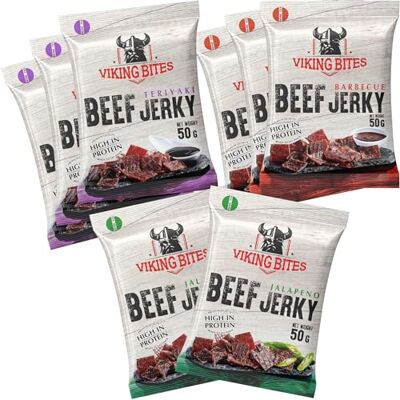 Viking Beef Jerky Mixed box 400 g (8 x 50 g) – 3x Barbecue, 3x Teriyaki, 2x Jalapeno – Manzo essiccato – Snack a base di carne con alto contenuto proteico Viking Beef Jerky Mixed box 400 g (8 x 50 g) – 3x Barbecue, 3x Teriyaki, 2x Jalapeno – Manzo essiccato – Snack a base di carne con alto contenuto proteico