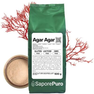 SaporePuro AGAR AGAR in polvere 500 GR Gelificante naturale SENZA GLUTINE ideale per cucina molecolare, addensante per dolci, marmellate, budini e gelati SaporePuro AGAR AGAR in polvere 500 GR Gelificante naturale SENZA GLUTINE ideale per cucina molecolare, addensante per dolci, marmellate, budini e gelati