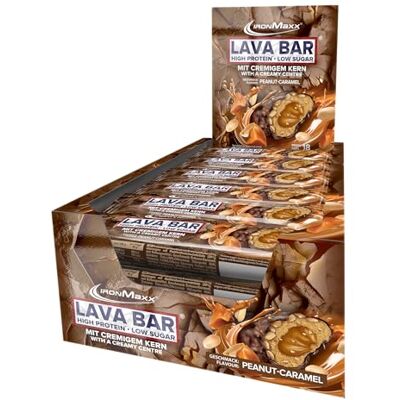 IronMaxx Lava Protein Bar Peanut Caramel 18x40g Barretta High Protein con cuore cremoso & topping arachidi-caramello A basso contenuto di zuccheri & senza olio di palma IronMaxx Lava Protein Bar Peanut Caramel 18x40g Barretta High Protein con cuore cremoso & topping arachidi-caramello A basso contenuto di zuccheri & senza olio di palma