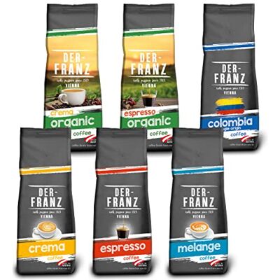 Der-Franz caffè Pack, chicchi interi, 6 x 500 g (1 x Crema, 1 x Espresso, 1 x Melange, 1 x Colombia, 1 x Espresso biologico, 1 x Crema biologico) Der-Franz caffè Pack, chicchi interi, 6 x 500 g (1 x Crema, 1 x Espresso, 1 x Melange, 1 x Colombia, 1 x Espresso biologico, 1 x Crema biologico)