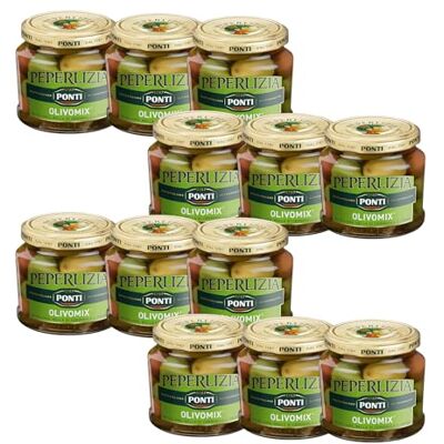 Ponti Olive Peperlizia Olivomix, Mix di Olive Formato da Olive di Nocellara, Bella di Cerignola e Itrana, Perfette per Aperitivi e per Arricchire Qualsiasi Piatto, 100% Made in Italy, 12 Vasi da 350 g Ponti Olive Peperlizia Olivomix, Mix di Olive Formato da Olive di Nocellara, Bella di Cerignola e Itrana, Perfette per Aperitivi e per Arricchire Qualsiasi Piatto, 100% Made in Italy, 12 Vasi da 350 g