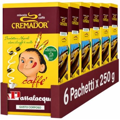 Passalacqua Cremador Caffè Premium Macinato – 6 Pacchetti 250g (1,5kg) Tostatura Autentica Napoletana 70% Arabica Cremoso e Vellutato con Note di Miele, Cioccolato e Nocciole Made in Italy Passalacqua Cremador Caffè Premium Macinato – 6 Pacchetti 250g (1,5kg) Tostatura Autentica Napoletana 70% Arabica Cremoso e Vellutato con Note di Miele, Cioccolato e Nocciole Made in Italy