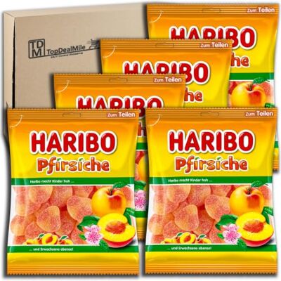 HARIBO TopDealMile, confezione scorta per pesche 5 x 175 g, gomma alla frutta zuccherata al gusto di pesca HARIBO TopDealMile, confezione scorta per pesche 5 x 175 g, gomma alla frutta zuccherata al gusto di pesca