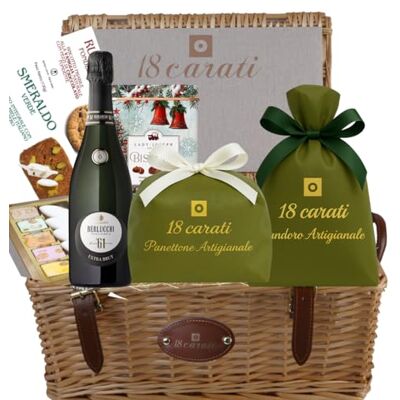 18 carati Cesto Regalo Natalizio Panettone 1 kg + Pandoro 1 kg Franciacorta Berlucchi 61 Torrone e Calissons 275g Biscotti Cioccolato e Pistacchio 260g Latta Natalizia Biscotti 320g 18 carati Cesto Regalo Natalizio Panettone 1 kg + Pandoro 1 kg Franciacorta Berlucchi 61 Torrone e Calissons 275g Biscotti Cioccolato e Pistacchio 260g Latta Natalizia Biscotti 320g