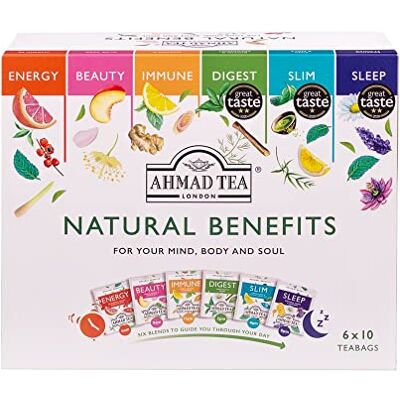 Ahmad Tea Natural Benefits, Selezione di Tè con sei Infusi alla Frutta e alle Erbe, Naturali e Gustosi Ahmad Tea Natural Benefits, Selezione di Tè con sei Infusi alla Frutta e alle Erbe, Naturali e Gustosi