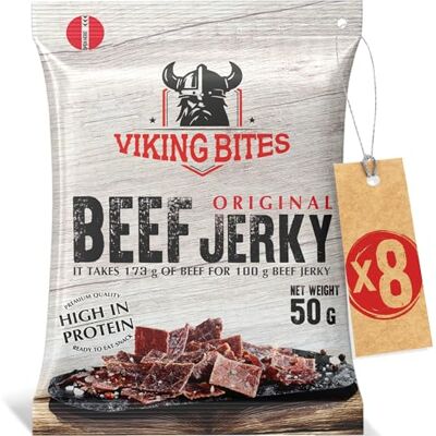 Viking Beef Jerky Original 400 g (8 x 50 g) – Manzo essiccato – Snack a base di carne con alto contenuto proteico Viking Beef Jerky Original 400 g (8 x 50 g) – Manzo essiccato – Snack a base di carne con alto contenuto proteico